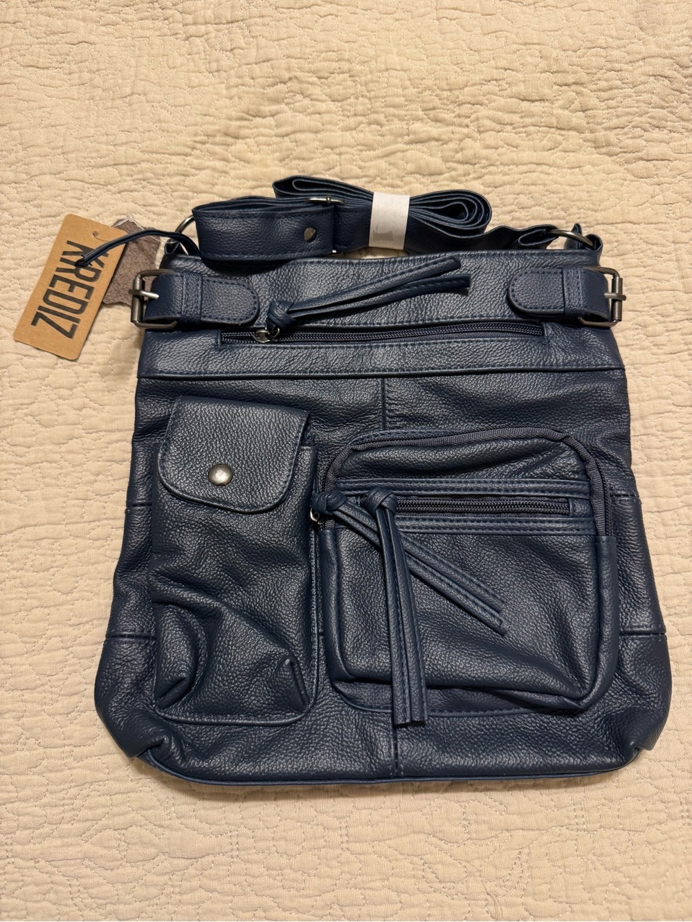 Krediz Super Soft Genuine Leather Accent Top Belt Crossbody Bag - Navy Blue